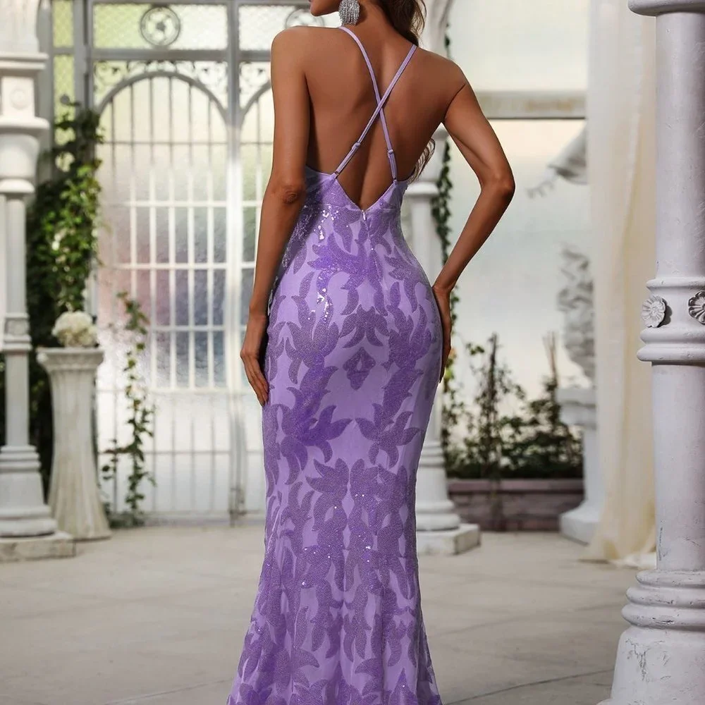 Purple Preppy Womens Backless Mermaid Hem Sequin Cami Dress - Picture 2 of 5